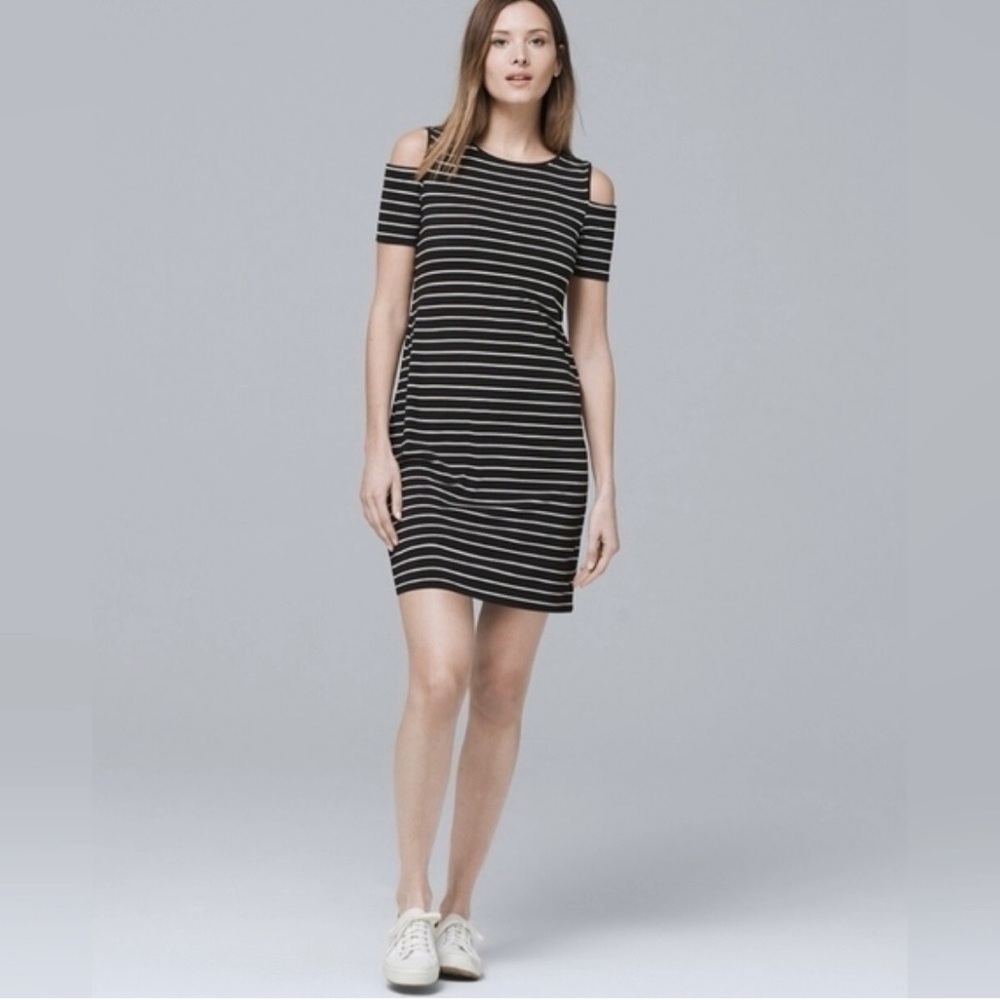 White House Black Market Cold Shoulder Stripe Knit Shift Dress NWT size Medium